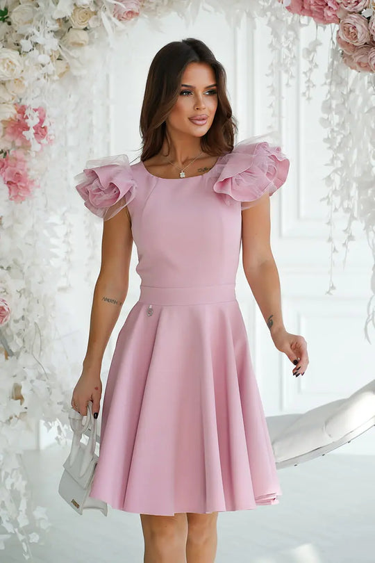 Sukienka z bufkami na ramionach Pudrowy Róż CARLOTTA