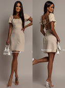 Sukienka z Wiązaniem na Plecach z Lnem Beżowa SELINA 