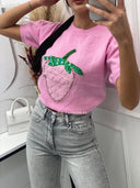 Sweter na krótki rękaw z truskawką Różowy FRAISE