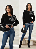 Sweter z wełną ozdobiony różami Czarny OPHELIE