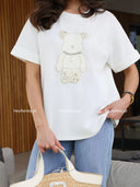 T-shirt Bawełniany z Aplikacją Misia Biały JOLIE